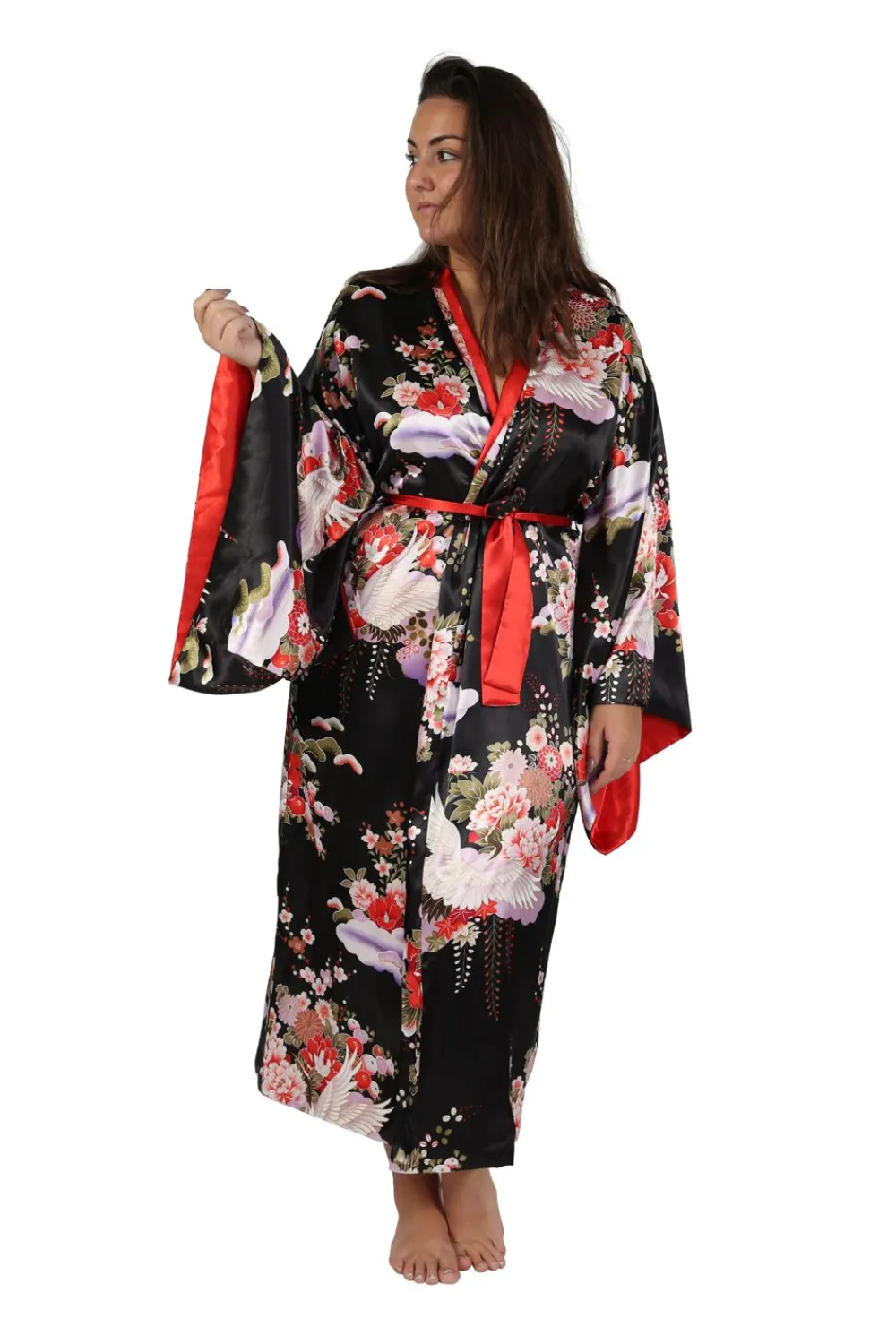 La Cera™ Bata De Saten Floral Con Manga Kimono De Talla Grande
