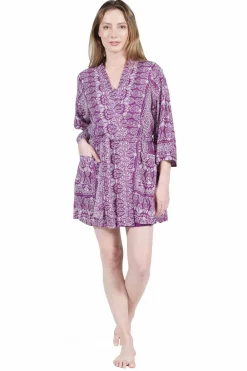 La Cera™ Bata Estampada Morada Y Blanca De Rayon La Cera