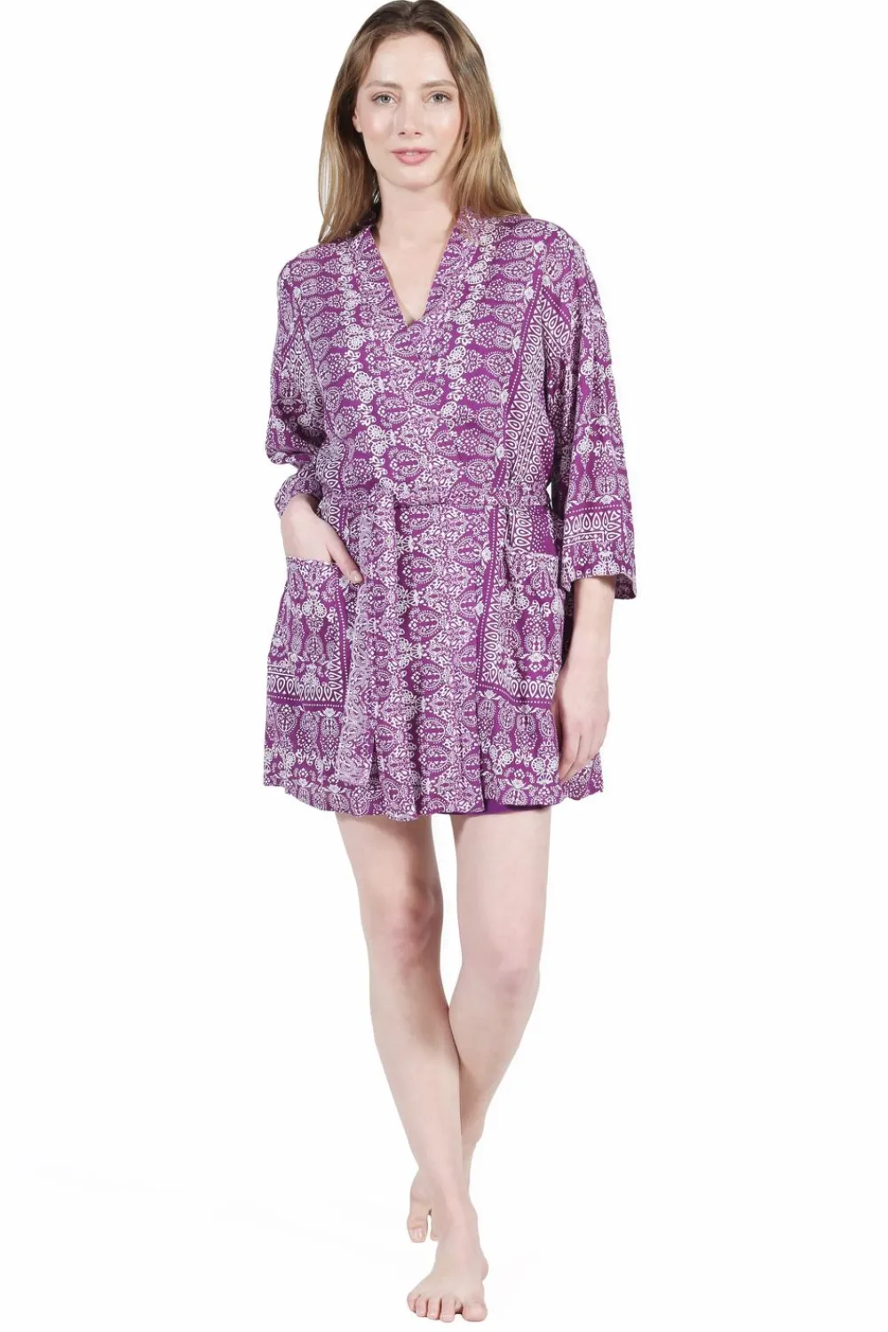 La Cera™ Bata Estampada Morada Y Blanca De Rayon La Cera