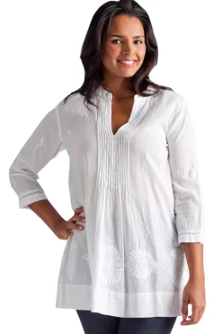 La Cera™ Blusa Plisada Con Bordado Floral Blanca