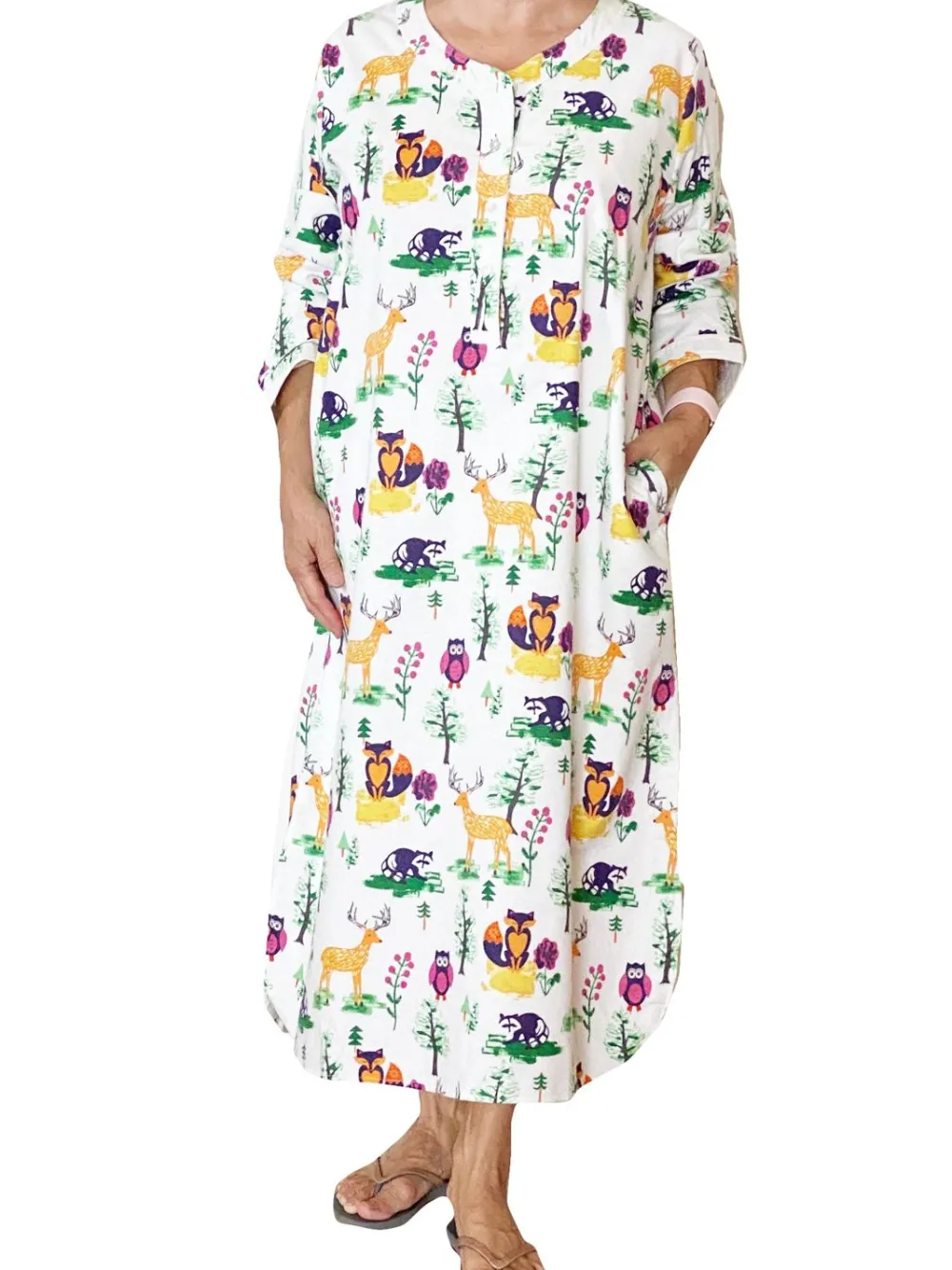 La Cera™ Camisa De Noche Henley De Franela Con Animales Del Bosque