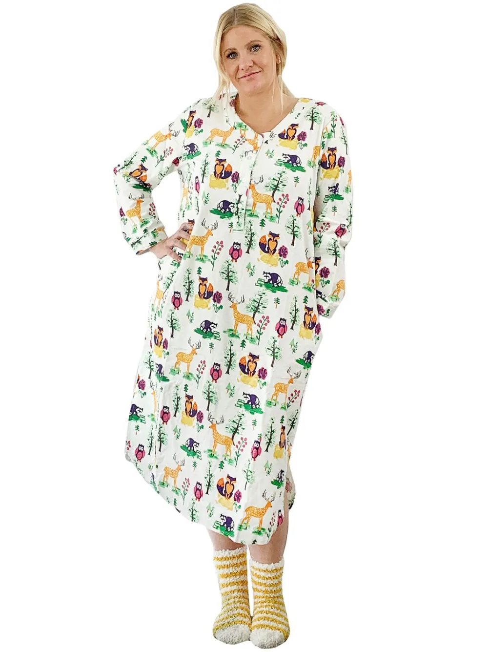 La Cera™ Camisa De Noche Henley De Franela Con Animales Del Bosque De Talla Gra