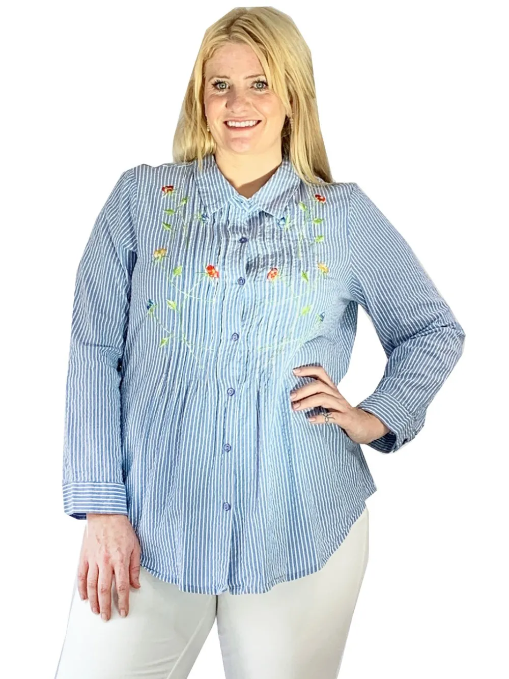 La Cera™ Camisa De Seersucker Con Botones Bordados En La Parte Delantera - Tall