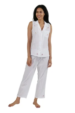 La Cera™ Conjunto De Pijama Capri Velero Bordado Sin Mangas 100% Algodon