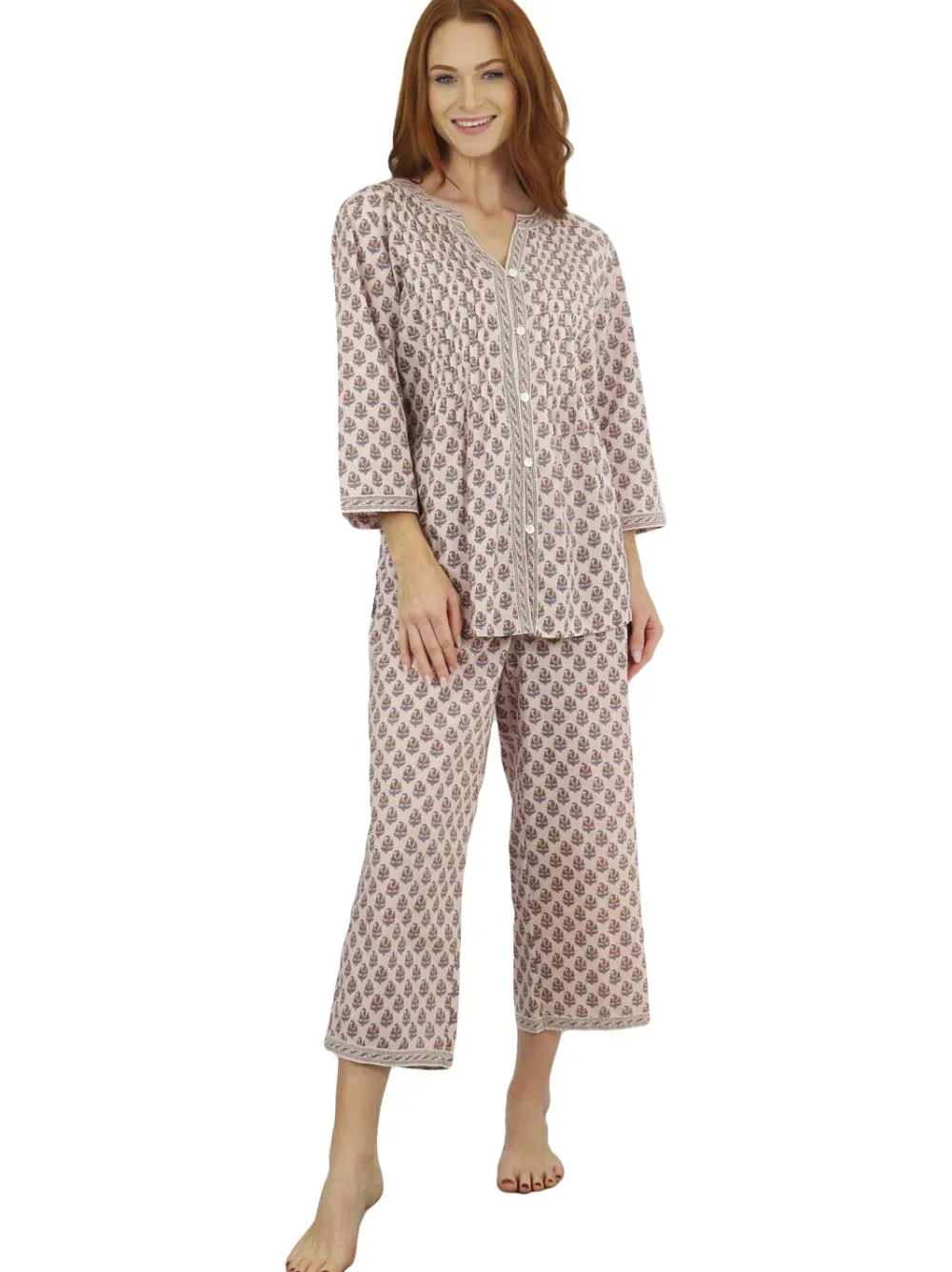 La Cera™ Conjunto De Pijama Capri Con Frente Plisado Y Manga 3/4 Floral De La C