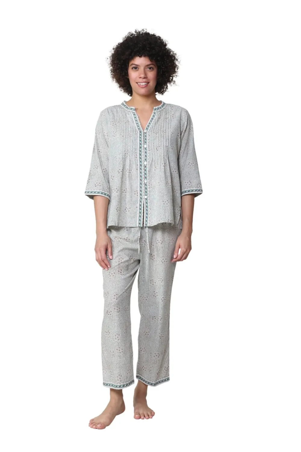 La Cera™ Conjunto De Pijama Capri Con Frente Plisado Y Manga 3/4 De La Cera