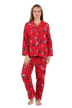 La Cera™ Conjunto De Pijama Con Estampado De Gato De Franela Roja