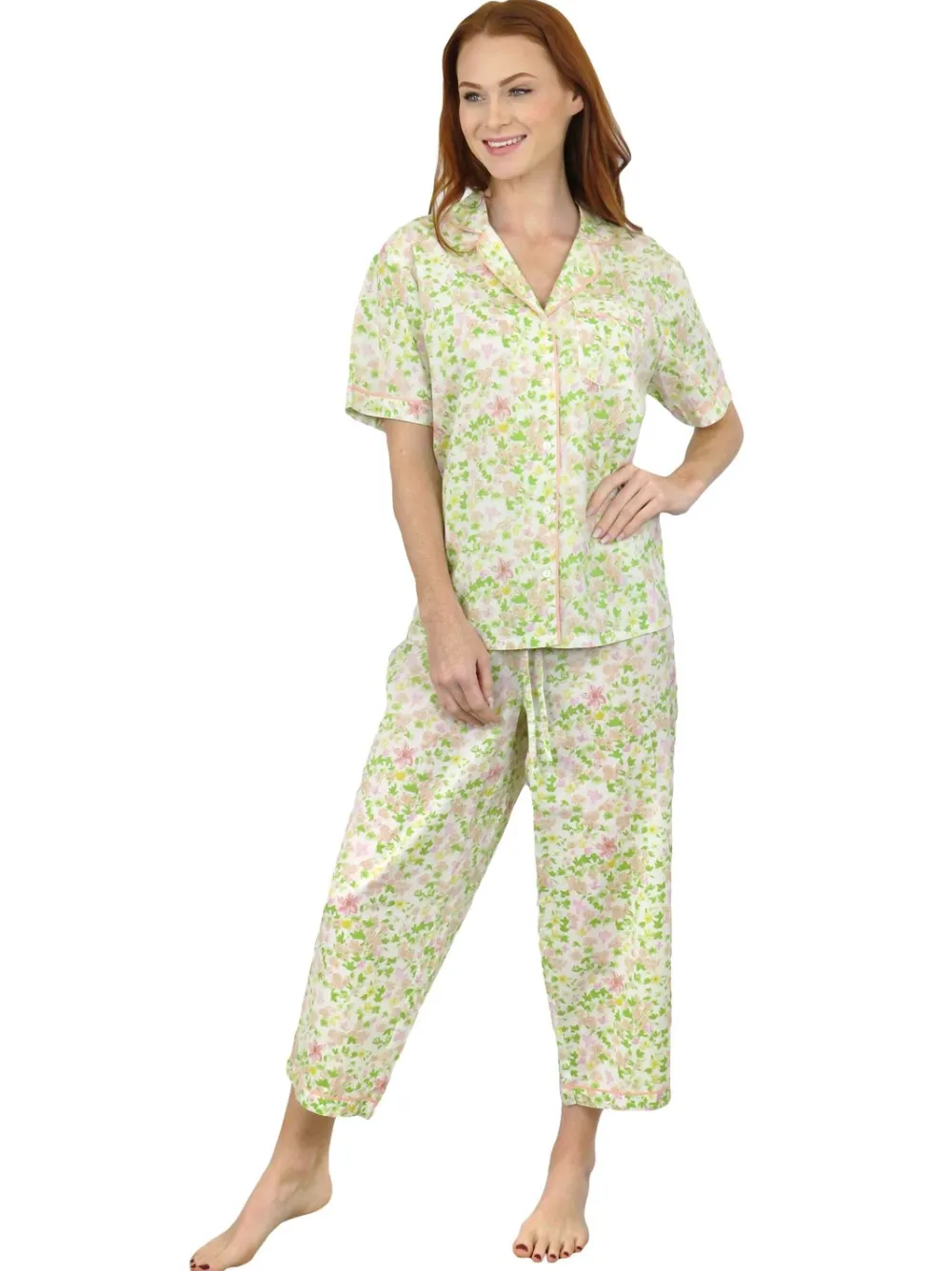 La Cera™ Conjunto De Pijama De Algodon Con Estampado Floral Color Lima Y Manga