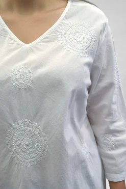 La Cera™ La Cera Camisa Casual Con Cuello En V Bordada Blanca Talla Grande