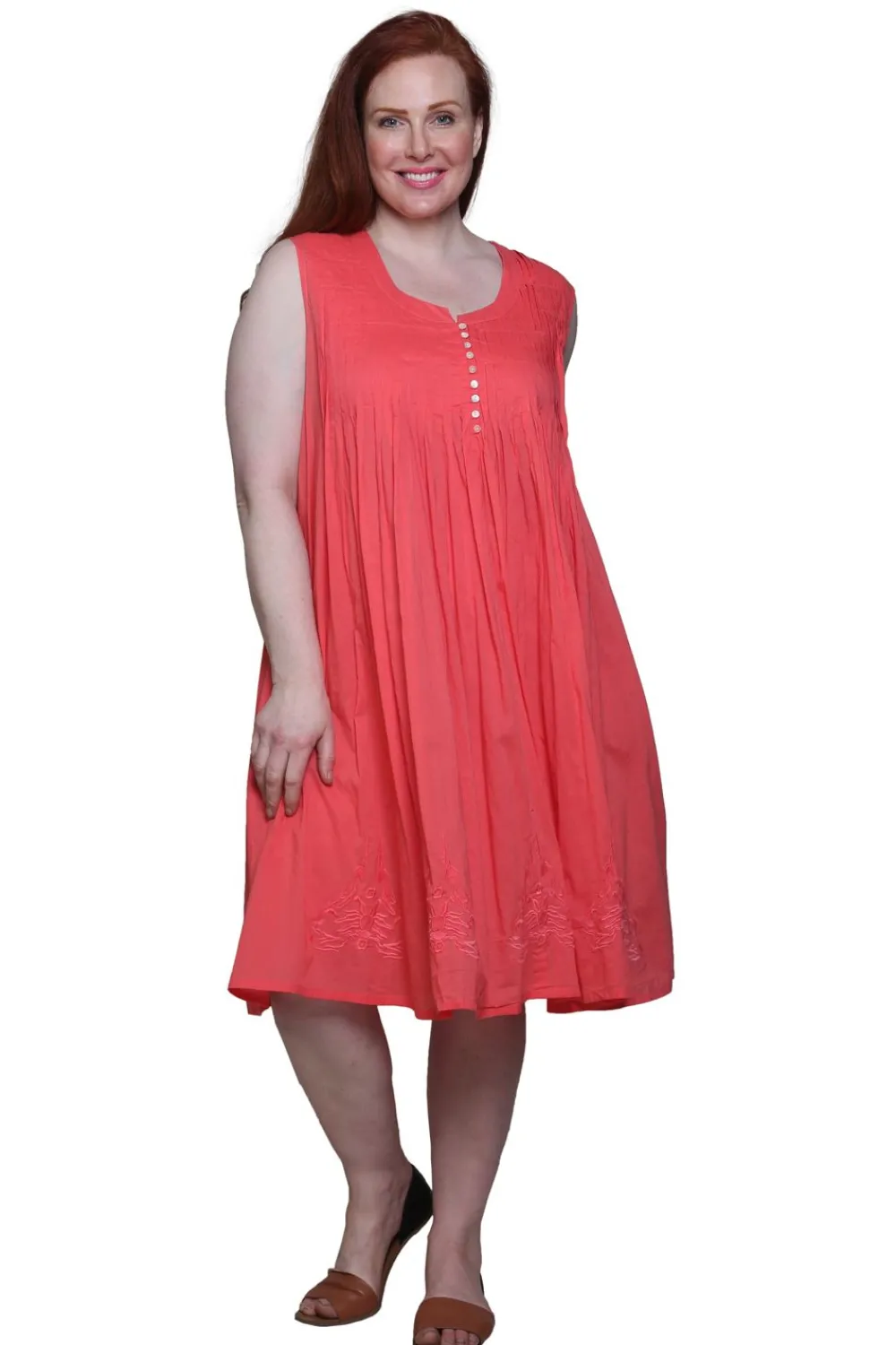 La Cera™ La Cera Vestido 100% Algodon Sin Mangas Con Bajo Bordado - Talla Grand