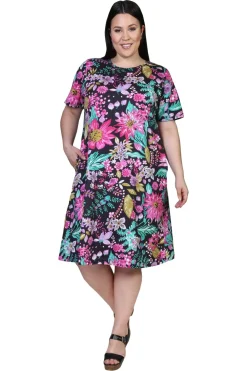 La Cera™ La Cera Vestido De Punto Evase Negro Y Fucsia Talla Grande