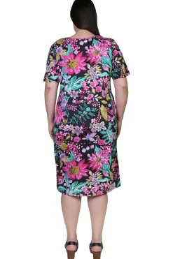La Cera™ La Cera Vestido De Punto Evase Negro Y Fucsia Talla Grande