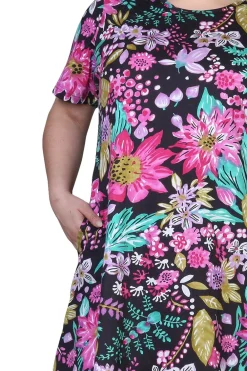 La Cera™ La Cera Vestido De Punto Evase Negro Y Fucsia Talla Grande