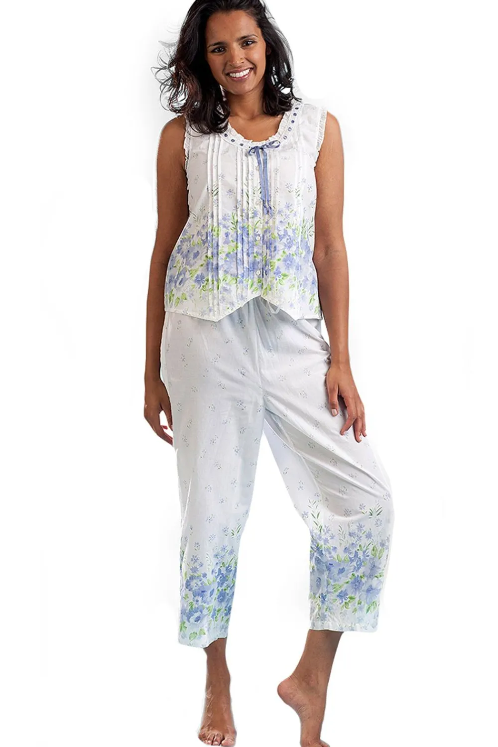 La Cera™ Pijama Floral Sin Mangas Con Estampado De Bordes 100% Algodon
