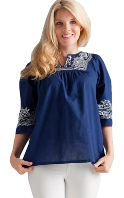 La Cera™ Top Con Canesu Bordado Azul Marino