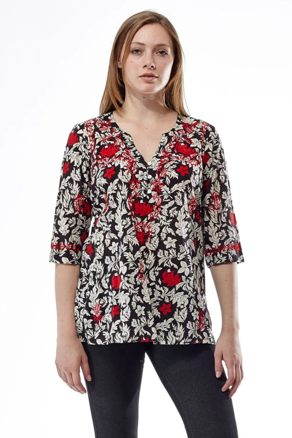 La Cera™ Top Con Print De Flores En Negro Y Rojo