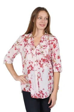 La Cera™ Top De Algodon Con Estampado De Helechos Y Parte Delantera Plisada