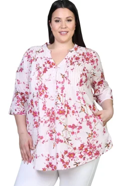 La Cera™ Top De Algodon Con Estampado Floral Y Frente Plisado - Tallas Grandes