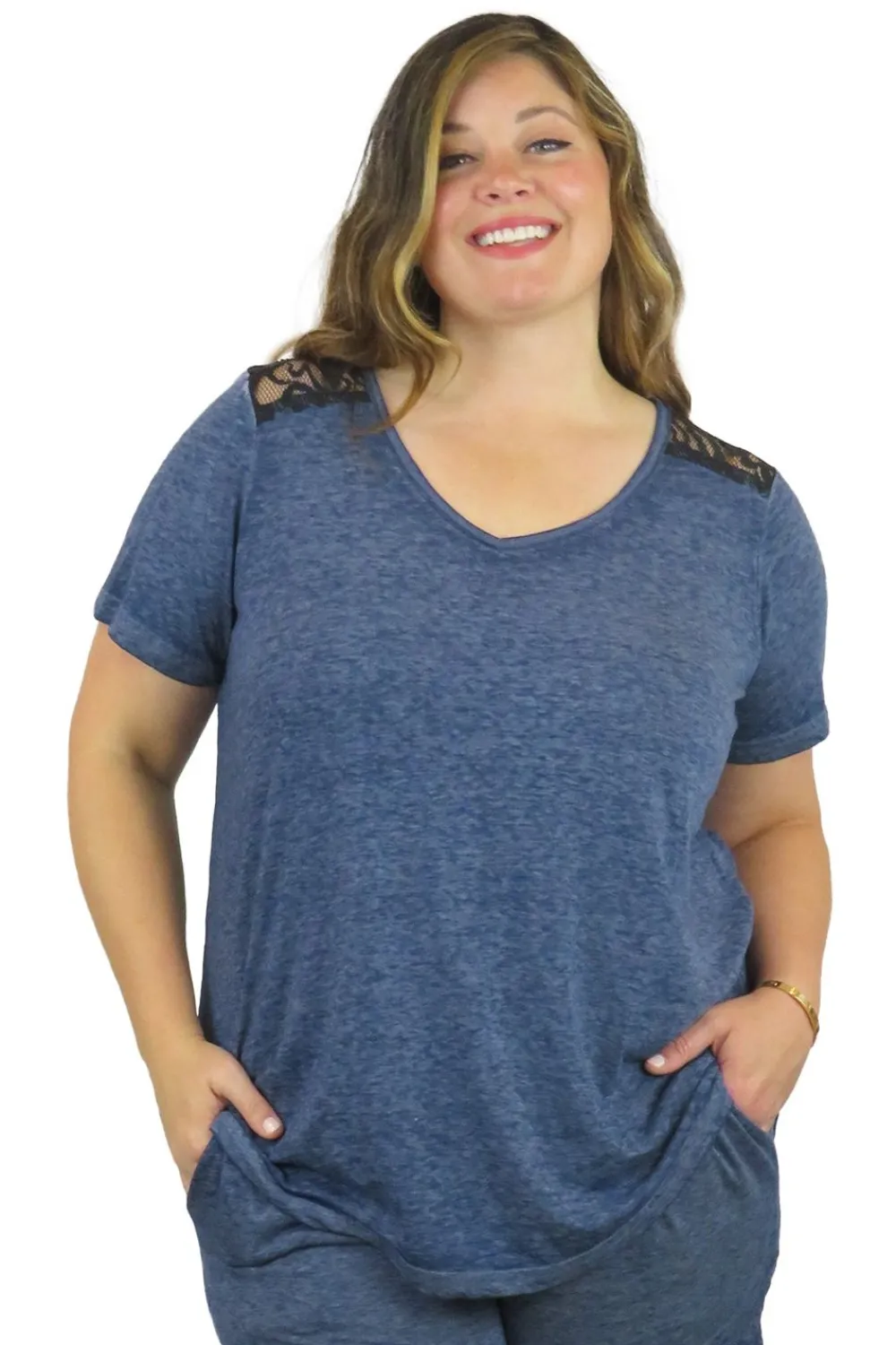 La Cera™ Top De Punto Con Cuello En V Suave Y Flexible De Talla Grande
