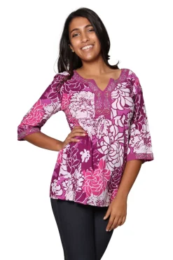 La Cera™ Tunica Bordada De Gasa De Algodon Floral Morado