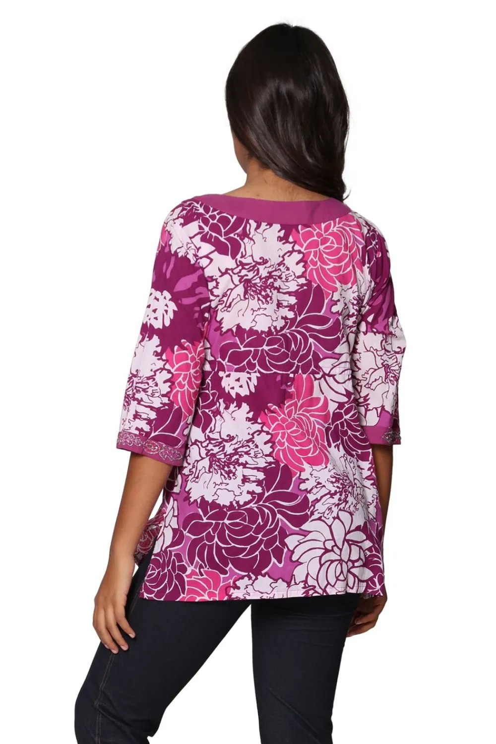 La Cera™ Tunica Bordada De Gasa De Algodon Floral Morado