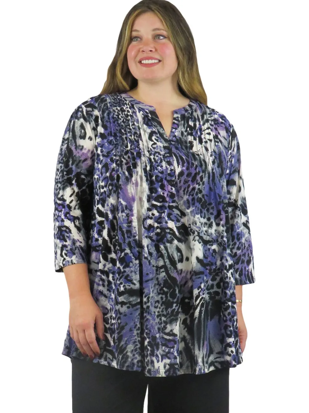 La Cera™ Tunica Con Estampado Animal Y Frente Plisado La Cera - Tallas Grandes