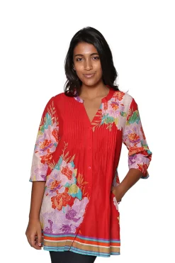 La Cera™ Tunica Con Estampado De Borde Floral Y Pliegues De Liberacion