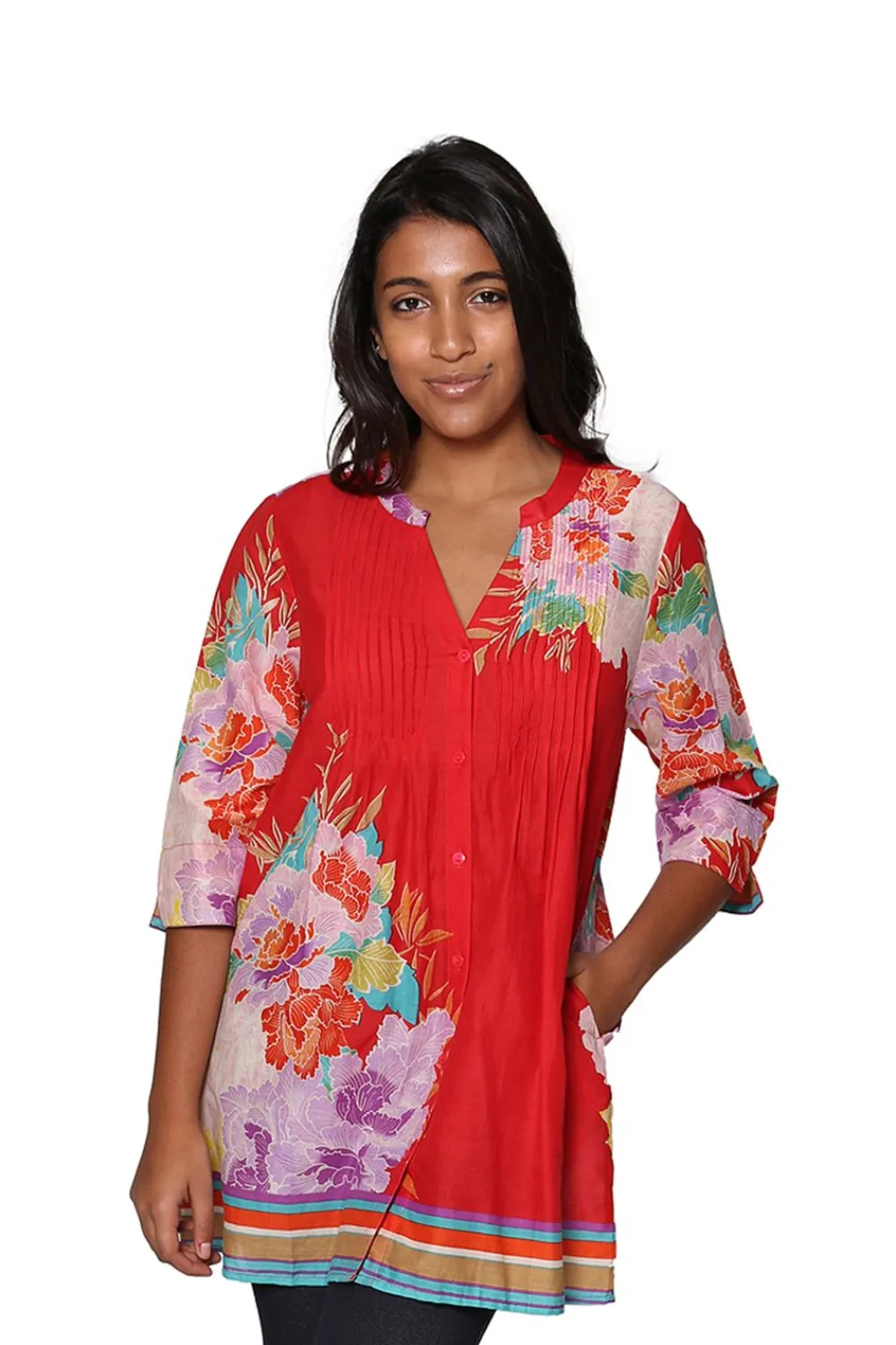 La Cera™ Tunica Con Estampado De Borde Floral Y Pliegues De Liberacion