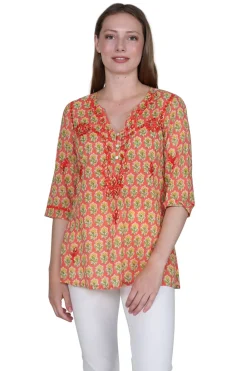 La Cera™ Tunica Con Estampado De Bloques Y Bordado Tonal