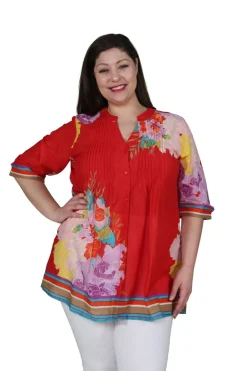 La Cera™ Tunica Con Estampado De Borde Floral De Talla Grande Y Pliegues De Lib
