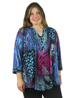 La Cera™ Tunica Estampada Con Frente Plisado La Cera De Talla Grande, Color Mor