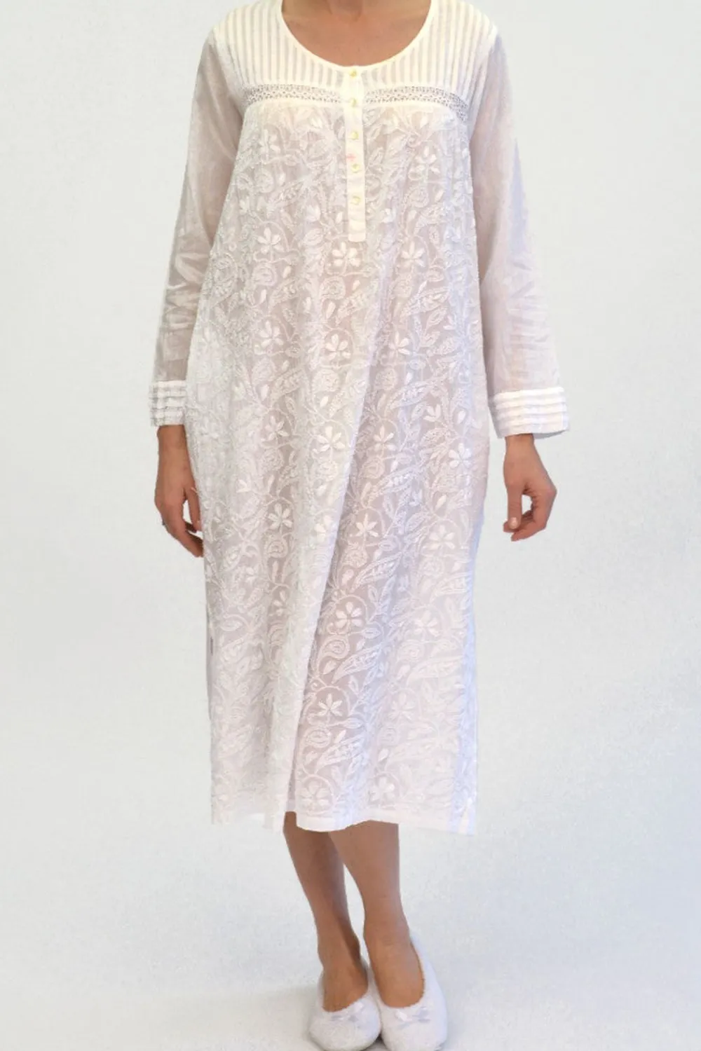 La Cera™ Vestido Bordado Blanco De Manga Larga La Cera