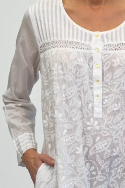 La Cera™ Vestido Bordado Blanco De Manga Larga La Cera