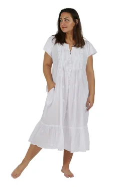 La Cera™ Vestido Bordado De Algodon De Manga Corta Con Doble Gorra La Cera De T