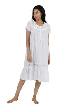 La Cera™ Vestido Bordado De Manga Corta 100% Algodon