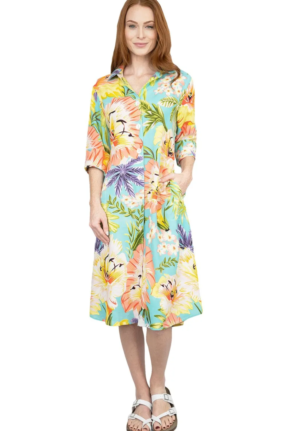 La Cera™ Vestido Camisero Con Botones Y Estampado Floral Tropical De La Cera
