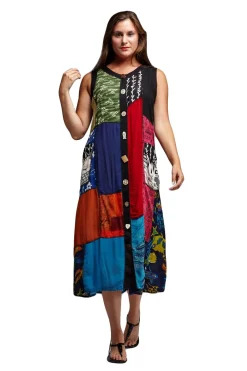 La Cera™ Vestido Con Estampado De Rayon Y Patchwork Con Botones Novedosos