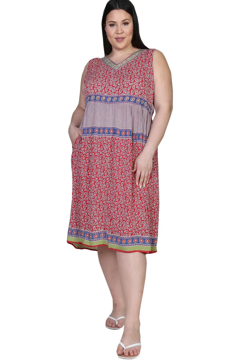 La Cera™ Vestido Con Estampado De Borde De Cintura Imperio Y Escote En V De Tal