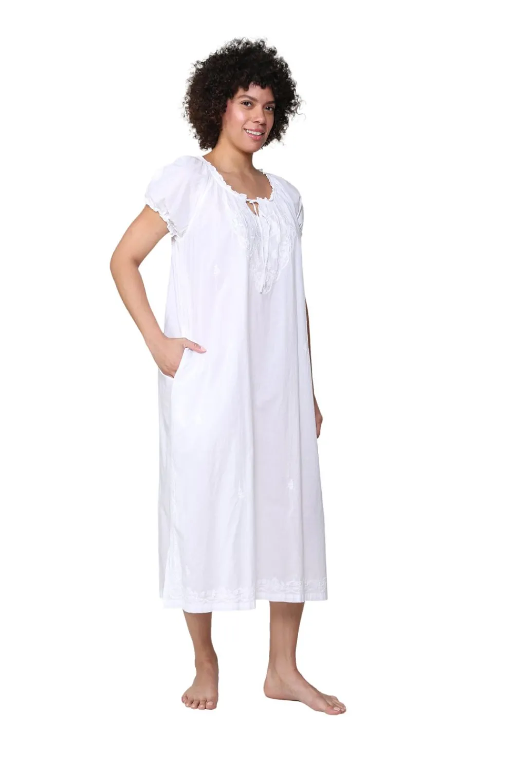 La Cera™ Vestido De Manga Corta Fruncido Con Bordado De La Cera