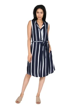 La Cera™ Vestido De Rayon Con Cinturon Y Rayas Azul Marino De La Cera