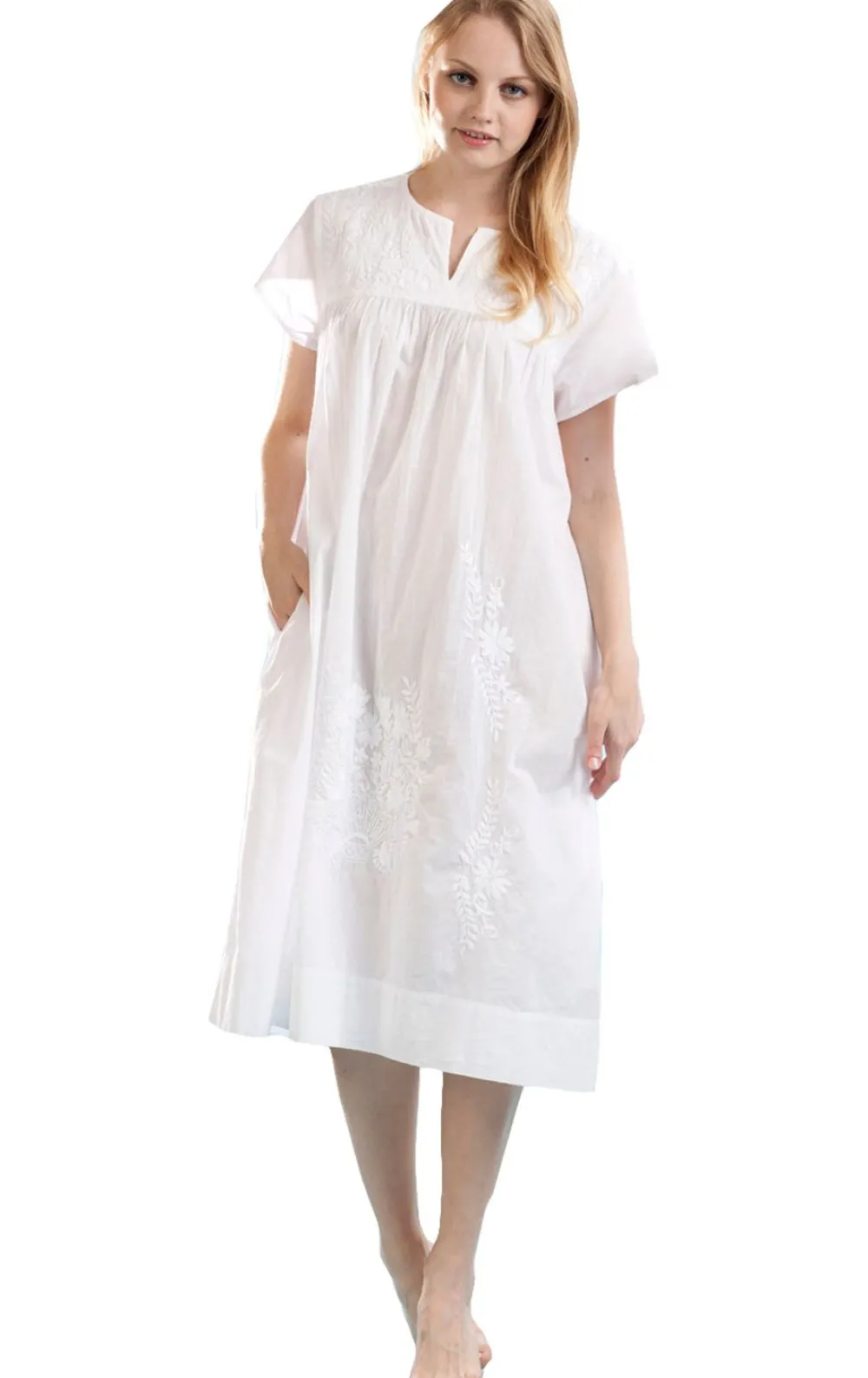 La Cera™ Vestido De Talla Grande Bordado Blanco 100% Algodon