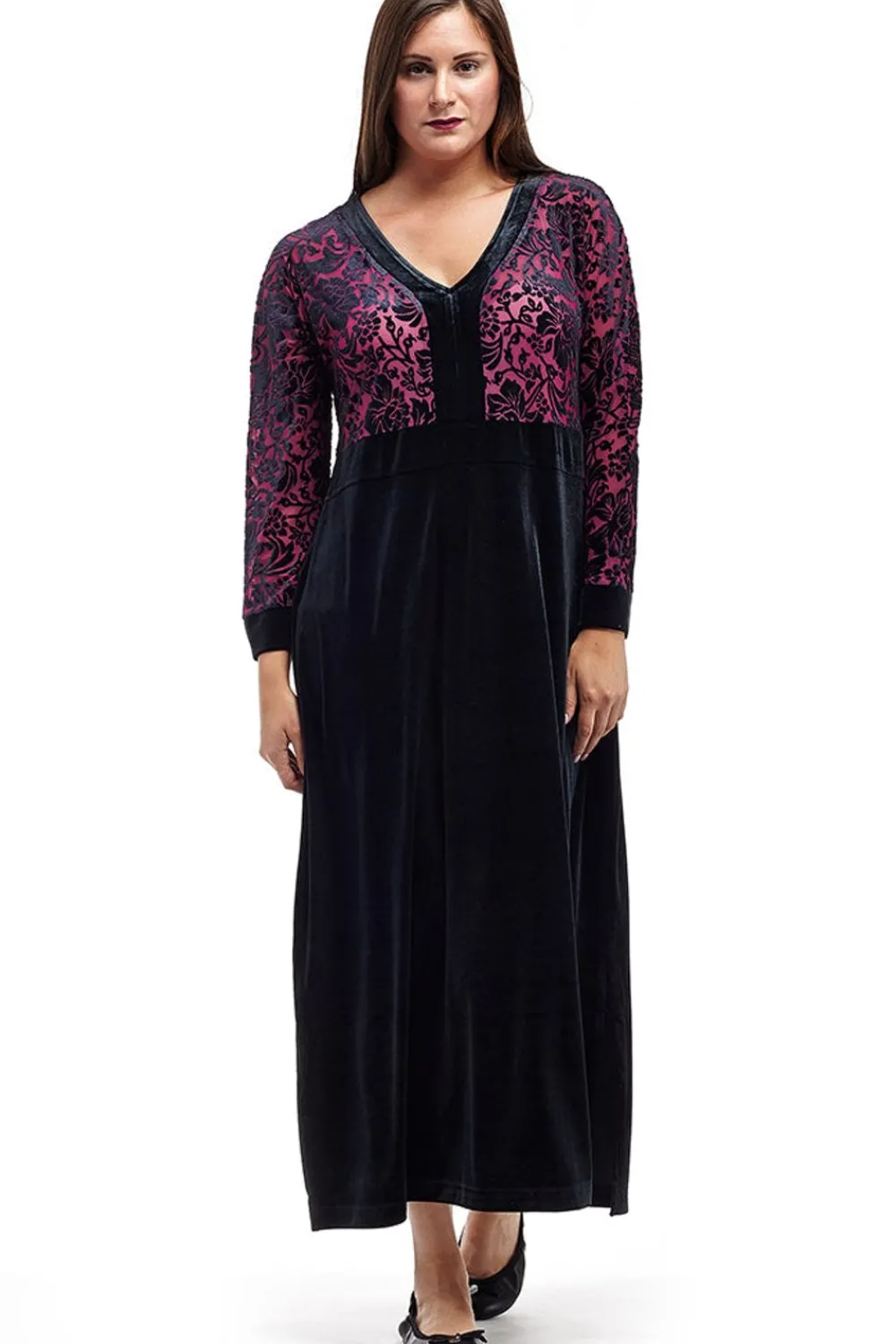 La Cera™ Vestido De Terciopelo Desgastado Con Ribetes De Jacquard