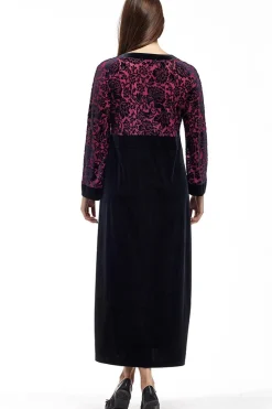 La Cera™ Vestido De Terciopelo Desgastado Con Ribetes De Jacquard